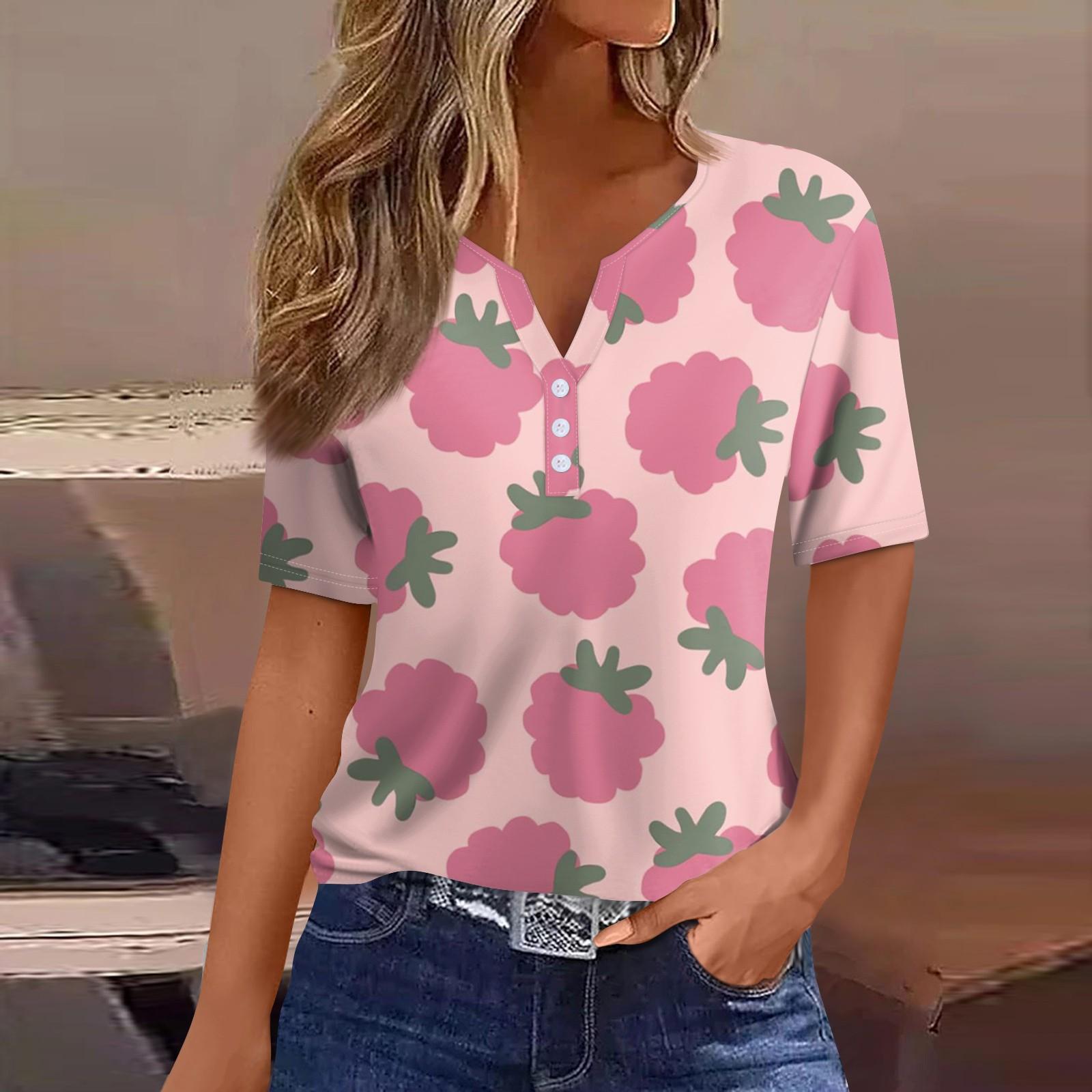

Жен. Футболка Футболка С принтом Пуговицы С короткими рукавами Повседневные Выходные Мода Классический V-образный вырез Обычный Топ Лето XL розовый