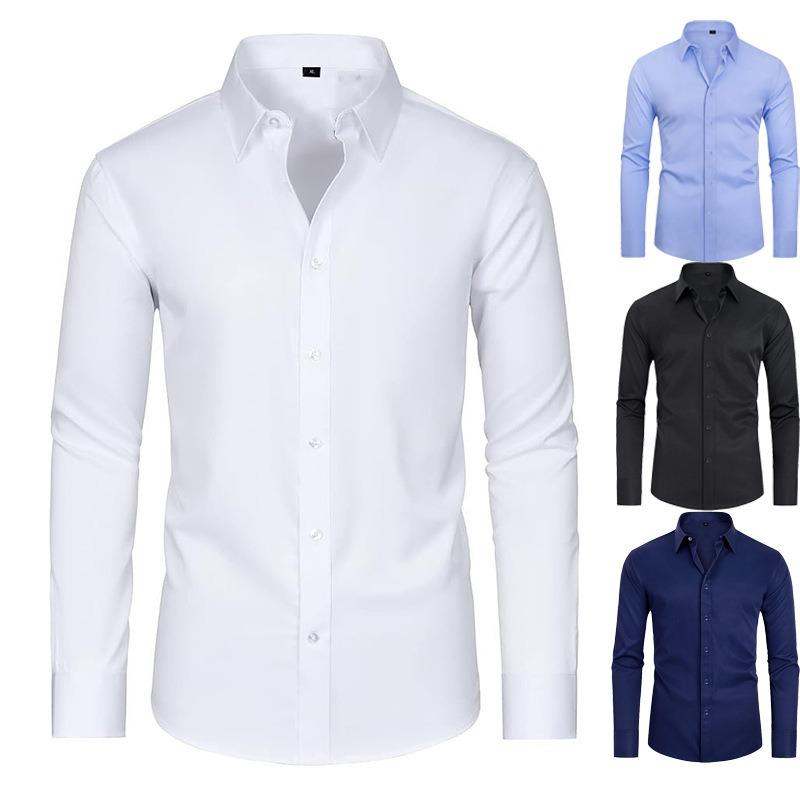 Men's Long Sleeve Solid Color Shirt, 4-Way Stretch, Natural Color Button, Slim Fit, Wrinkle Free, Business Casual Dress Shirt