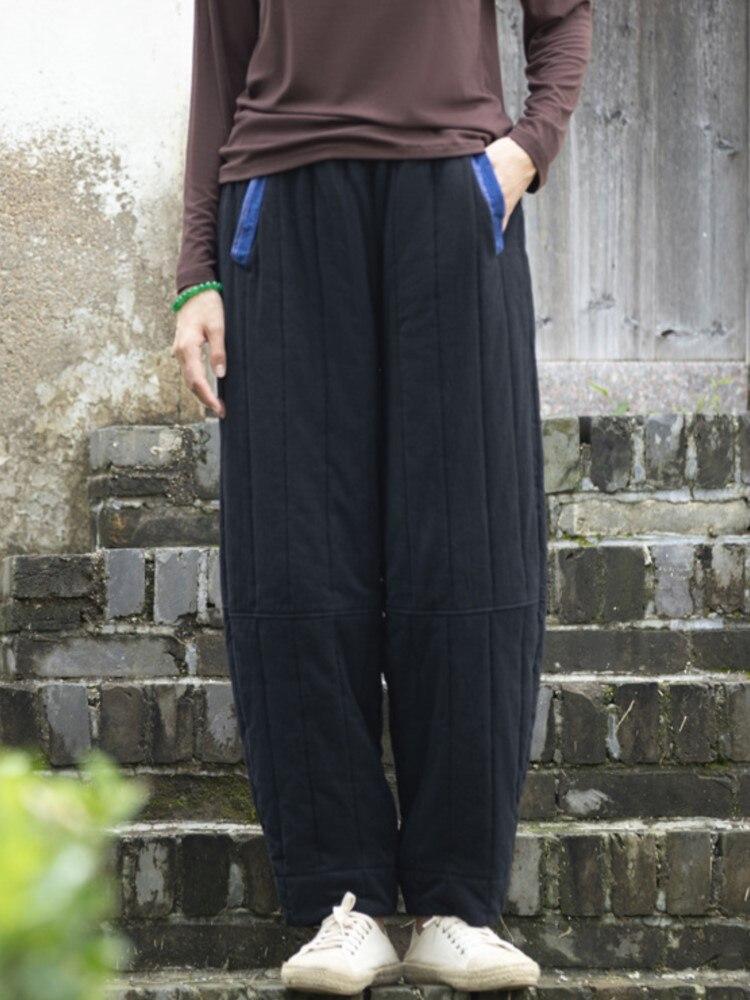 Johnature Women Warm Winter Straight Pants Cotton Linen Vintage Elastic Waist Trouser Solid Color Patchwork Pockets Pants