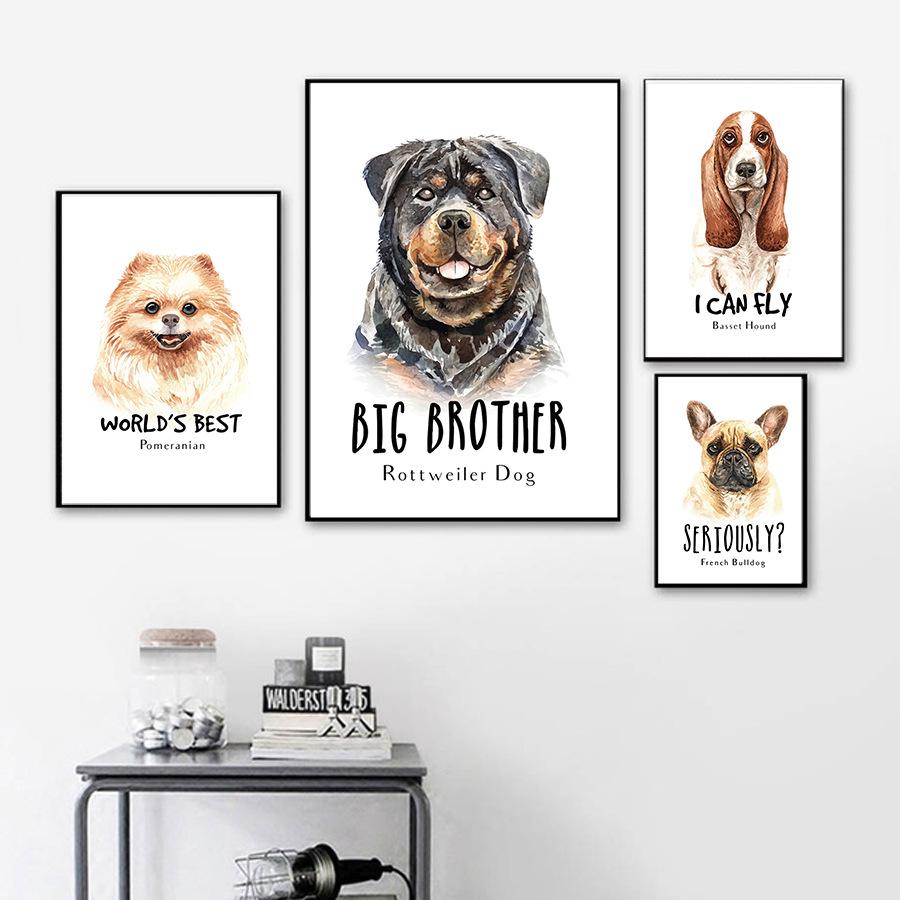 Nordic Simple Cute Dog Basset Hound Rottweiler Pomeranian French Bulldog Text Mural Living Room Sofa Wall Decoration Frameless