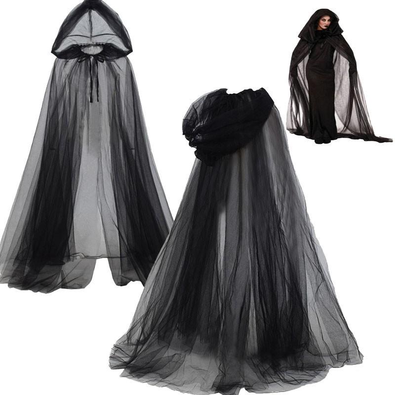 Gothic Witch Cloak With Mesh Hood For Halloween Costume Party And Role Play
