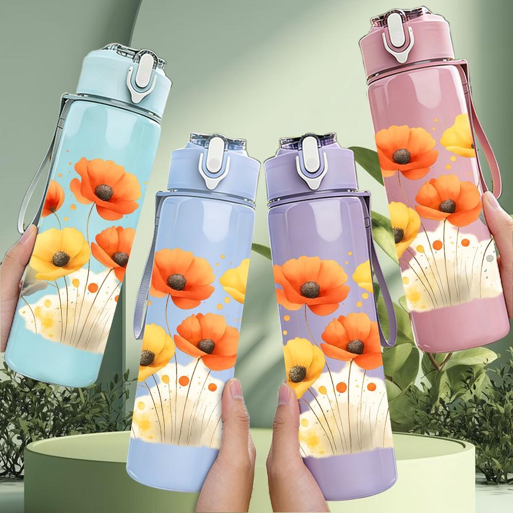 1PC Orange Wild Daisy Flower Cluster 750ml Color Plastic Sports Water Bottle Leakproof Flip Straw Lid For Sports Office Home Use