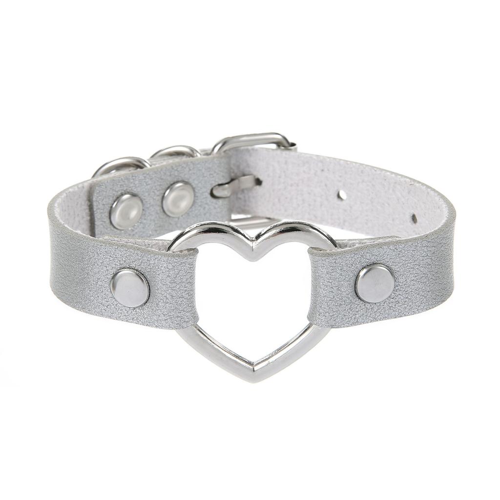 Silvery Heart Gothic Studded Bracelet Pu Leather Adjustable Black Wristband Rock Punk Cuff Bangles