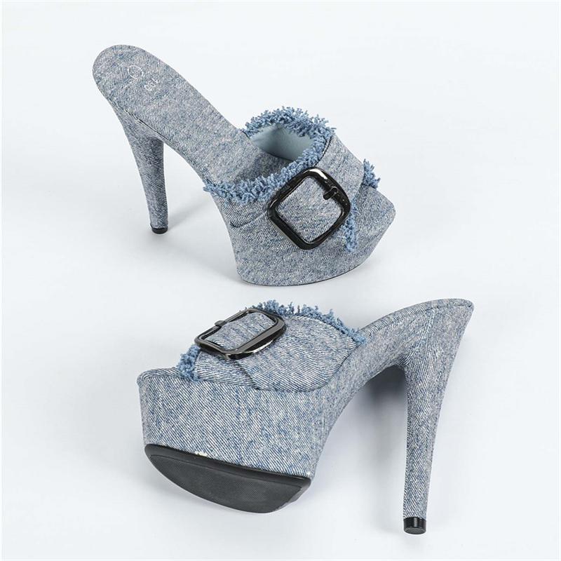 

Fashion Eilyken Sexy Stiletto High Heels Open Toe Platform Women Slippers Summer Designer Denim Buckle Party Dress Slide Shoes 34 светло-синий