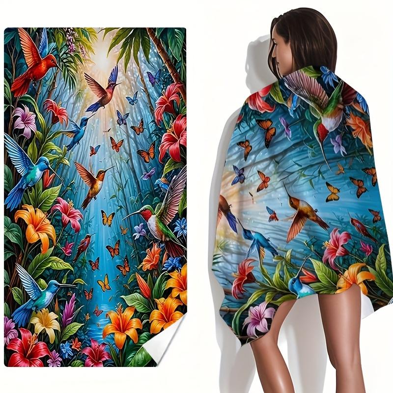 Toalla de Playa Grande de Secado Rápido con Estampado de Pájaros Florales, Poliéster Suave y Grueso para Yoga, Natación, Running