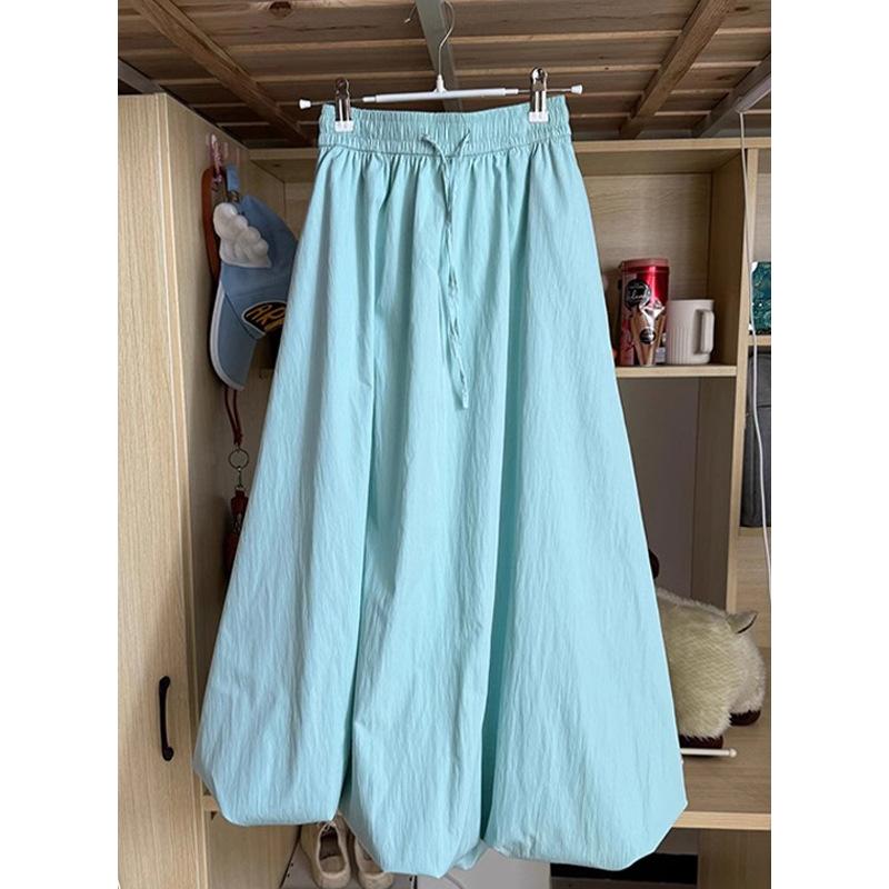 Women s High Waist A-Line Midi Skirt Loose Fit Japanese Casual Solid Bubble Hem Drawstring Balloon Umbrella Skirt