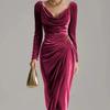 European and American women's clothing, casual velvet sexy new long-sleeved, thin pleated long split hip-wrapped dress