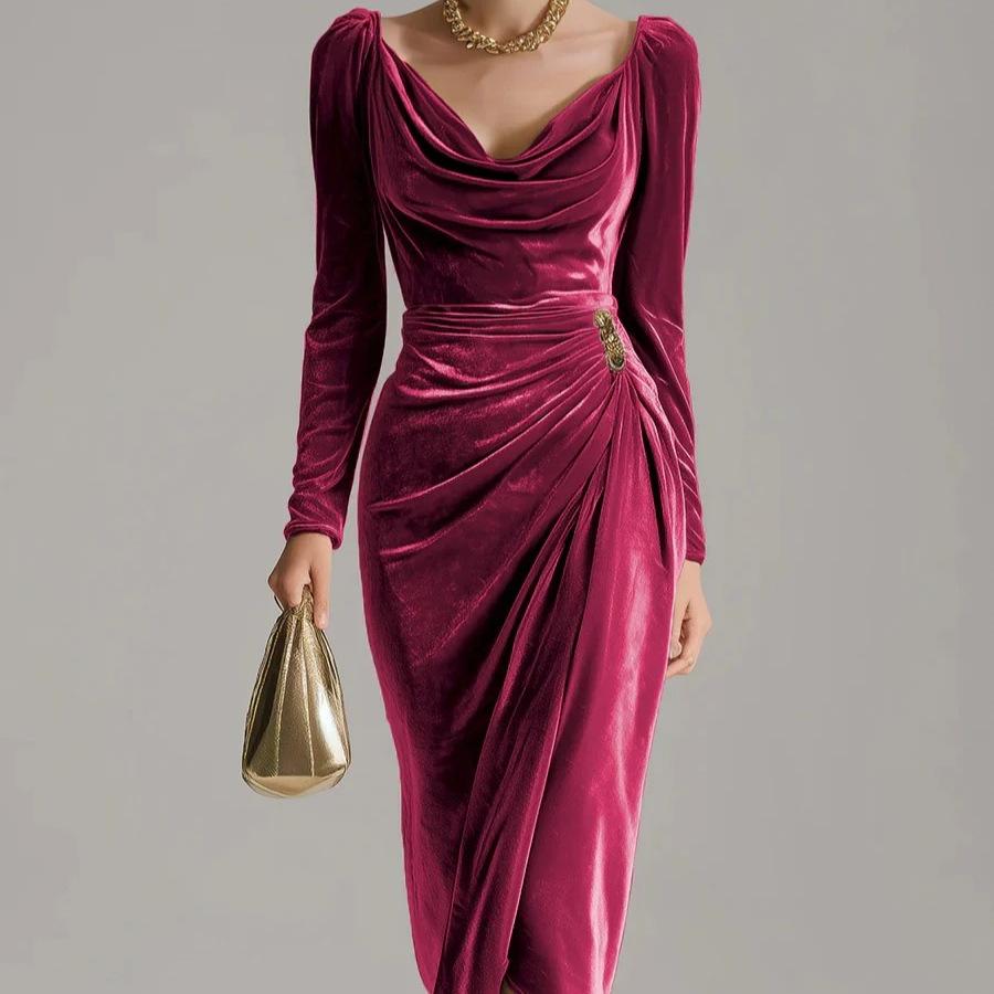 European and American women's clothing, casual velvet sexy new long-sleeved, thin pleated long split hip-wrapped dress