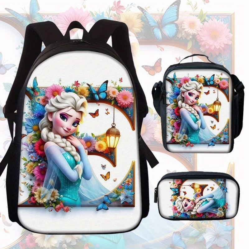 Zaino Scolastico Principessa Set da 3 Pezzi Grande Capacità Impermeabile Borsa a Spalla Astuccio Borsa a Tracolla per Bambini