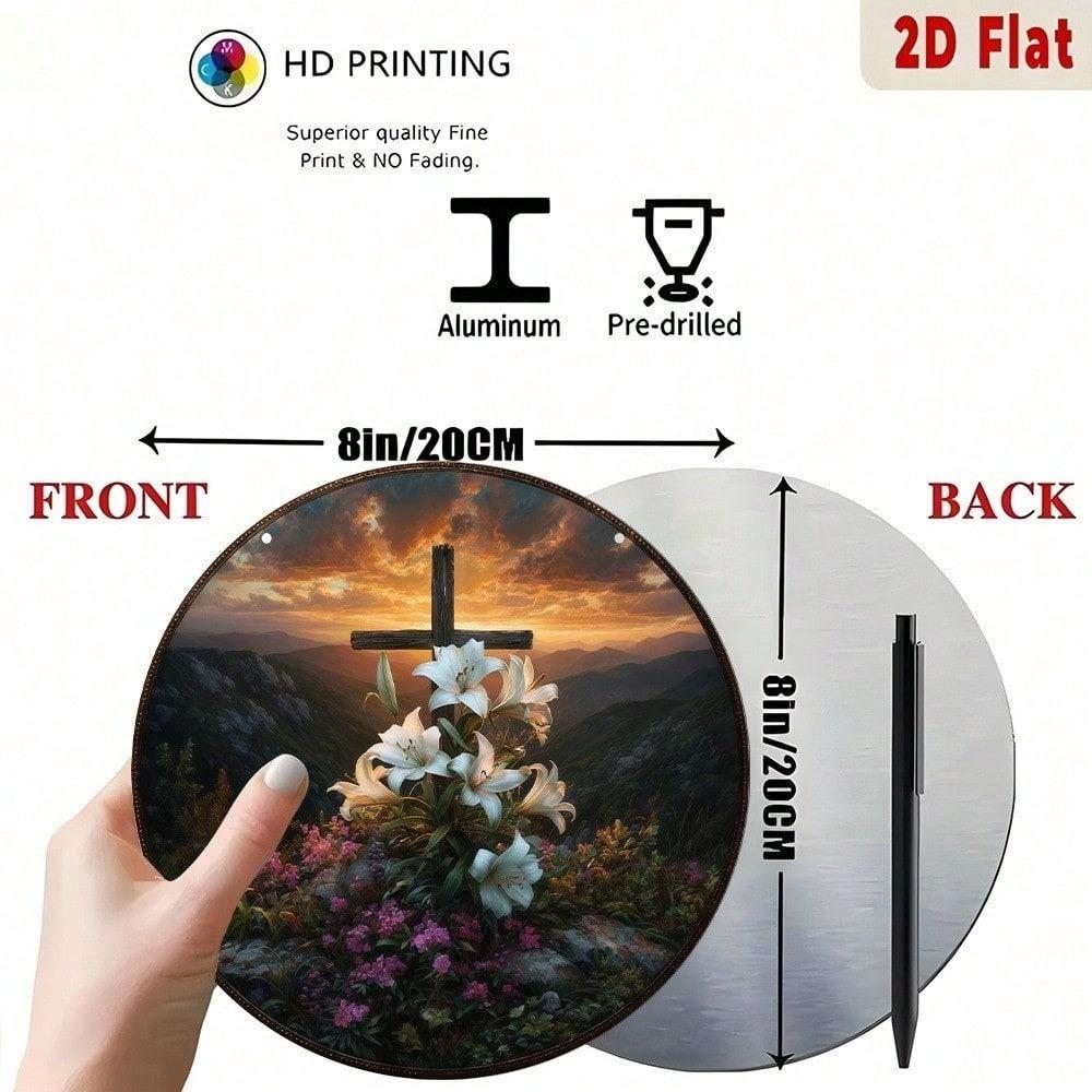 Peaceful Cross with Lilies Sunset Valley 2D Flat Metal Wall Art Outdoor Religious Memorial Plaque