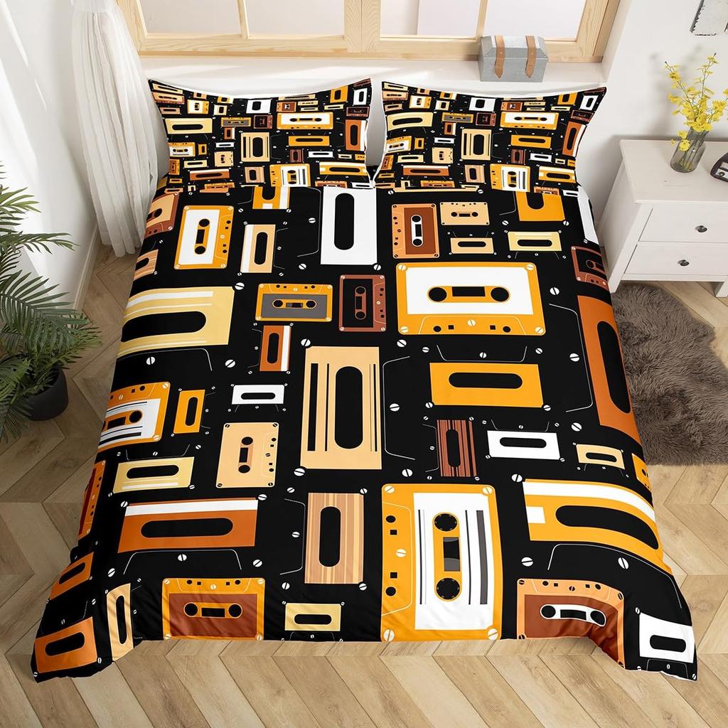 Cassette Tape Duvet Cover Twin Queen Vintage 80S 90S Memphis Comforter Cover Geometric Checkered Triangle Lightning Bedding Set