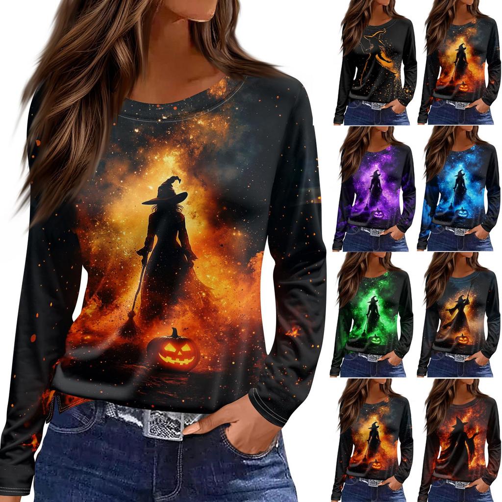 Women's Long Sleeve Neck Halloween Print Top for Festive Occasions