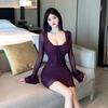 Pure desire purple long-sleeved dress women's autumn chiffon short skirt sexy tight hip skirt new year