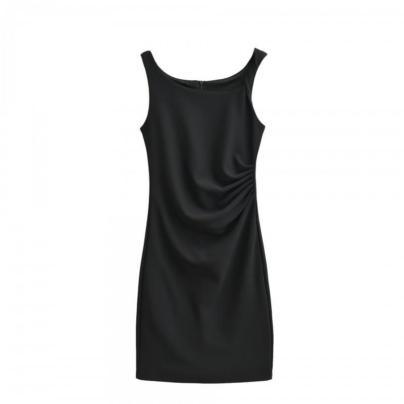 Womens French Style Slim Fit Midi Dress Solid Color Pleated Waist Fitted Elegant Party Wear