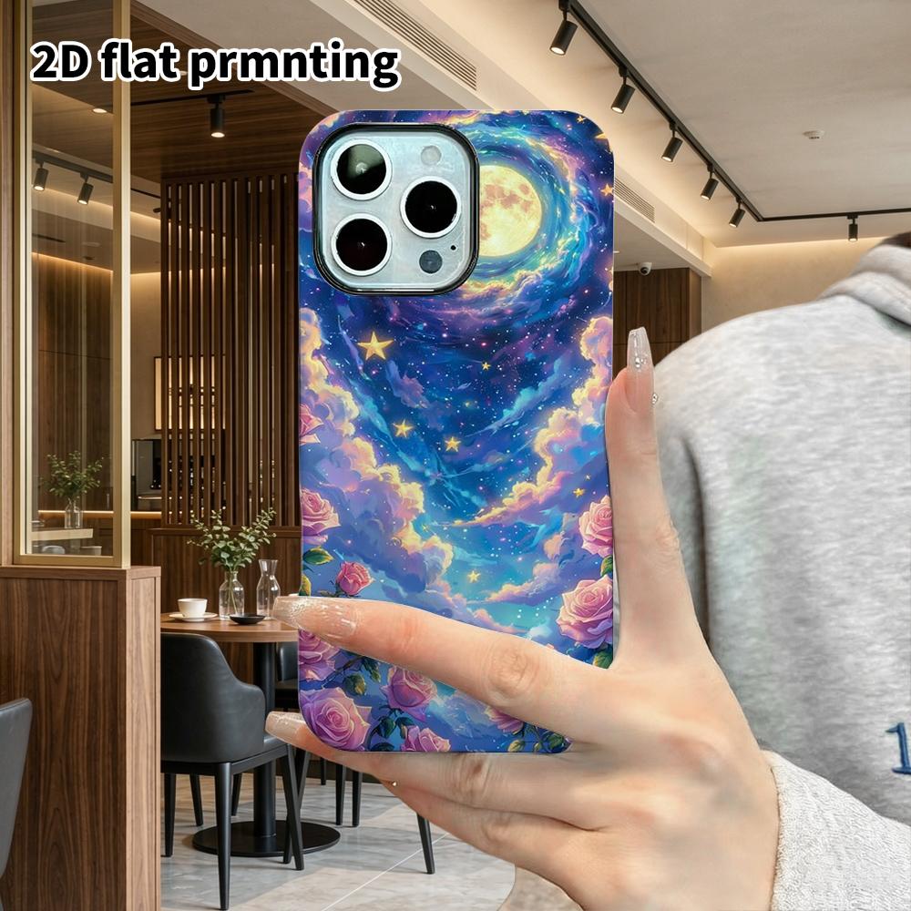 Phone Case: 2D Flat Design Suitable for iPhone 18 17 16 15 14 13Pro Film Protection Case, Couple Style, Full Moon and Pink Rose, Christmas and Hallowe