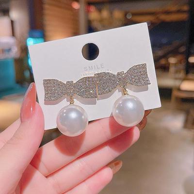 Korean S925 Silver Bow Earrings with Full Diamond and Large Pearl Pendant