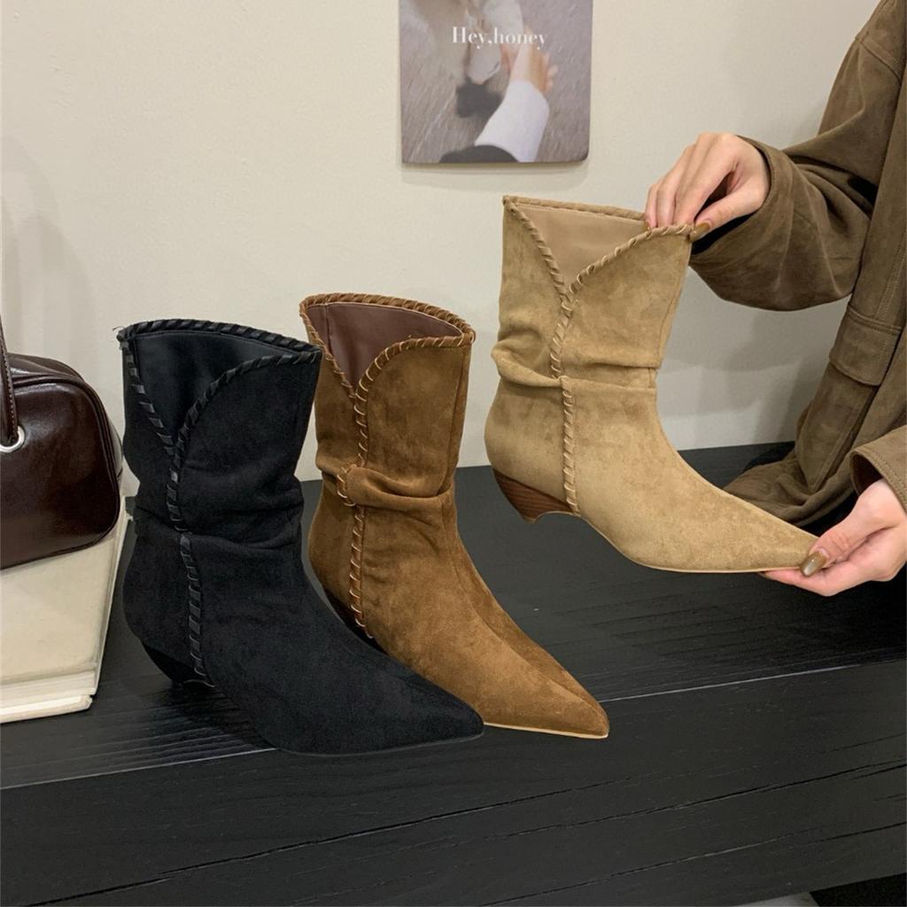 Heel Pointed Suede Pile Boots Medium Knight Boots Women's Boots 2025 Fall/Winter Western Cowboy Skinny Boots