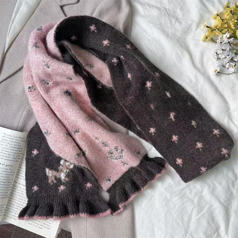 Ladies' Scarves Korean Cartoon Deer Floral Kawaii Sweet Versatile Cute Scarfs Thicked Warm High-Quality Cashmere Knitted Scarfs