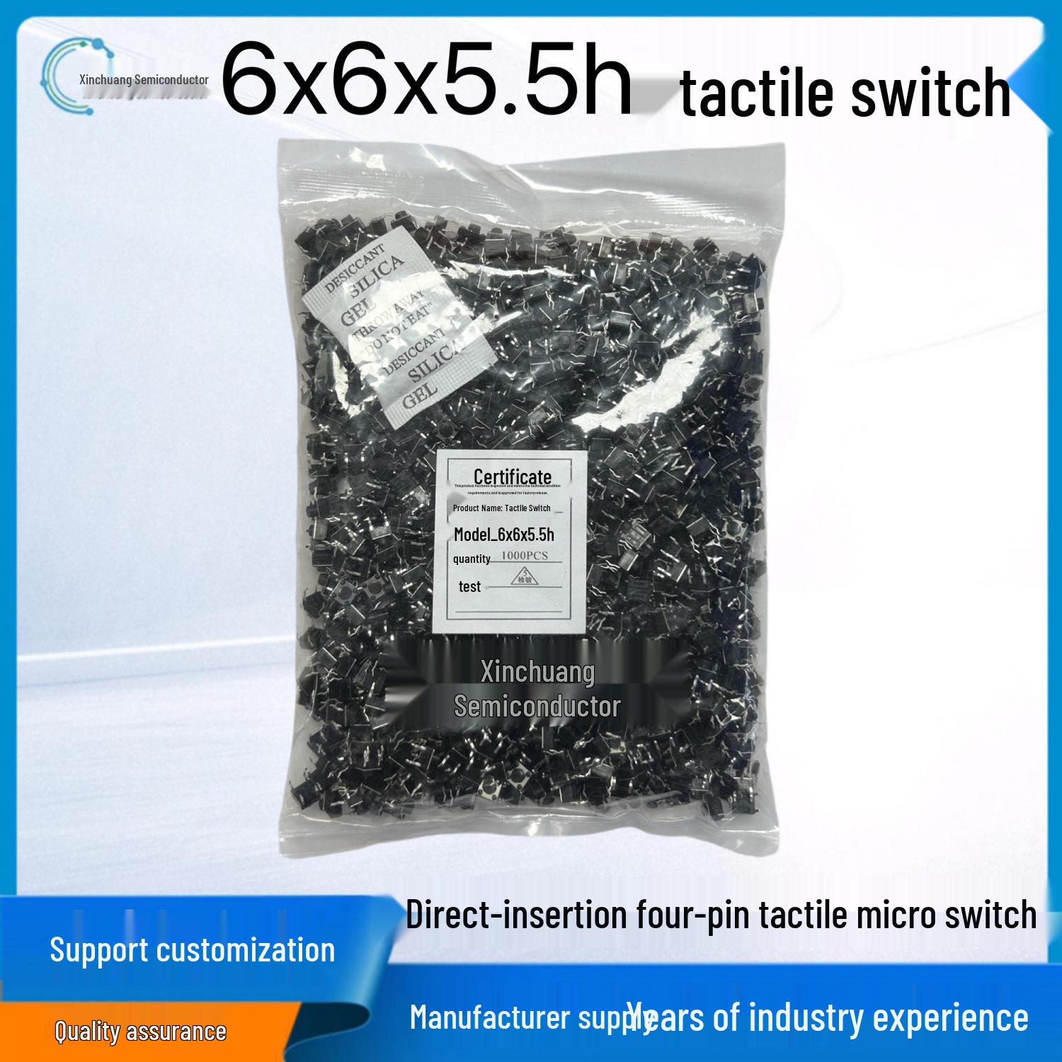 

6x6x5.5mm Tactile Micro Switch with Copper Pins and Four-Pin Insert Button