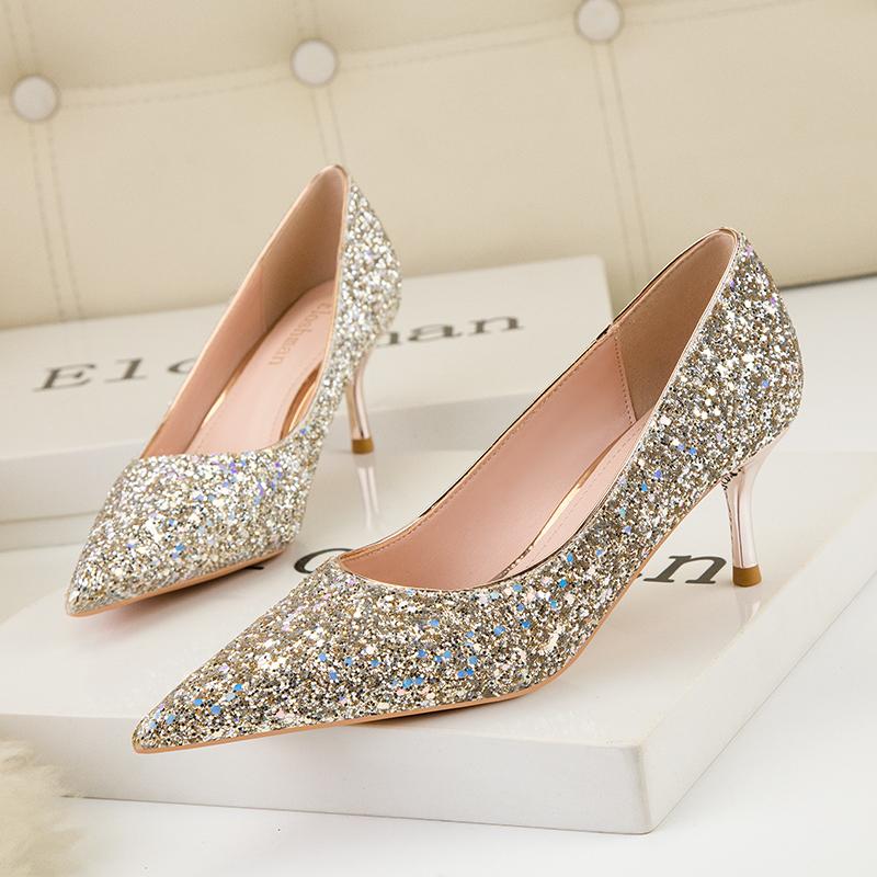 Fashion Sequins Kitten Heels Fashion Woman Pumps Pointed Toe Heeled Shoes Stiletto Heels 2024 New Heeled Shoes Sliver Gold Wedding Shoes