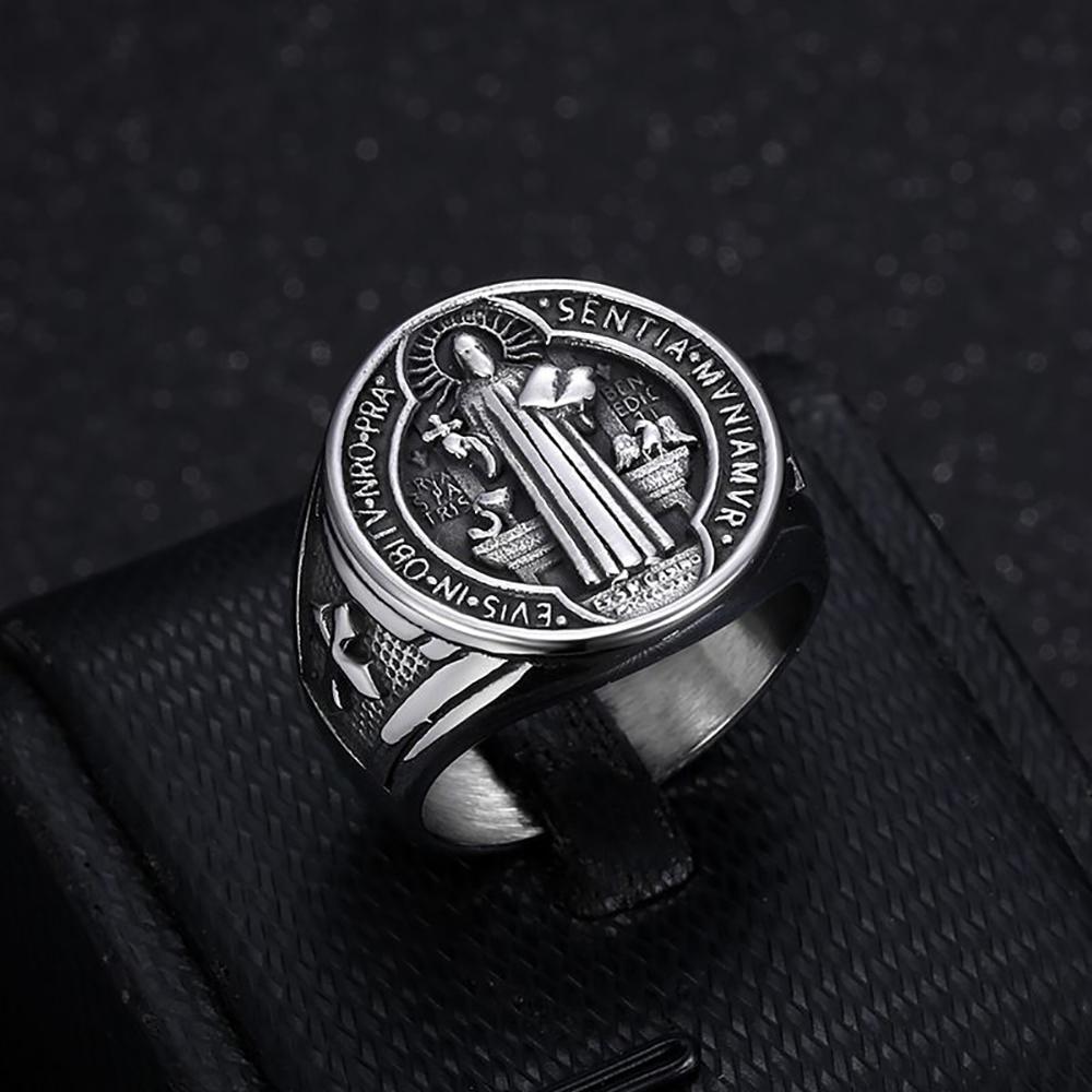 Vintage 316L Stainless Steel Saint St. Benedict Exorcism Rings for Men Boys Fashion Catholic Amulet Jewelry Gifts Dropshipping