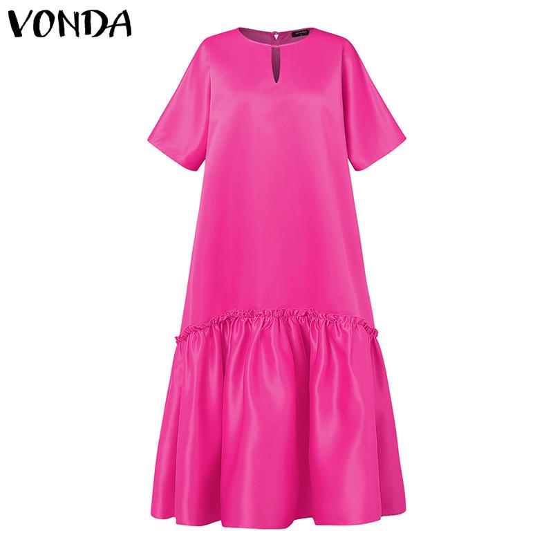 VONDA Oversized Women Round Neck Batwing Half Sleeve Party Long Pleated Dresses