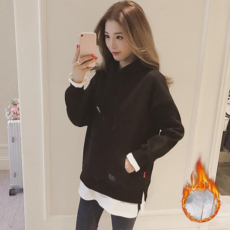 

Корейская версия осенне-зимнего свитера с капюшоном, поддельный двухкомпонентный свитер из бархата для женщин XXL