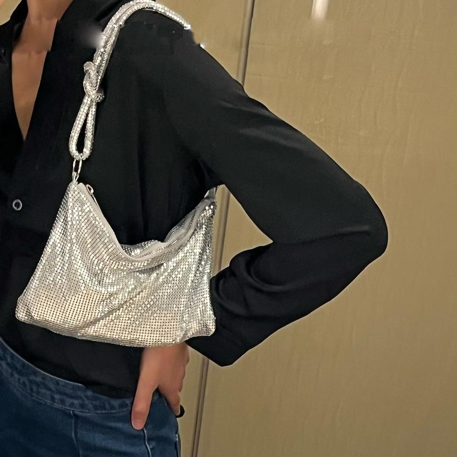 Aluminium Bankett Unterarm-Clutch Tasche Glänzender Geknoteter Griff Strasssteine Abendparty Luxus Hobo Handtasche Gold/Silber Schultertaschen