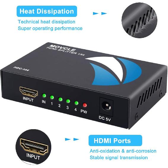 HDMI Splitter 1 in 4 out Full Ultra HD 1080P 4K/2K 1X4 Port Box Hub with US Adapter v1.4 Powered Certified for 3D Support