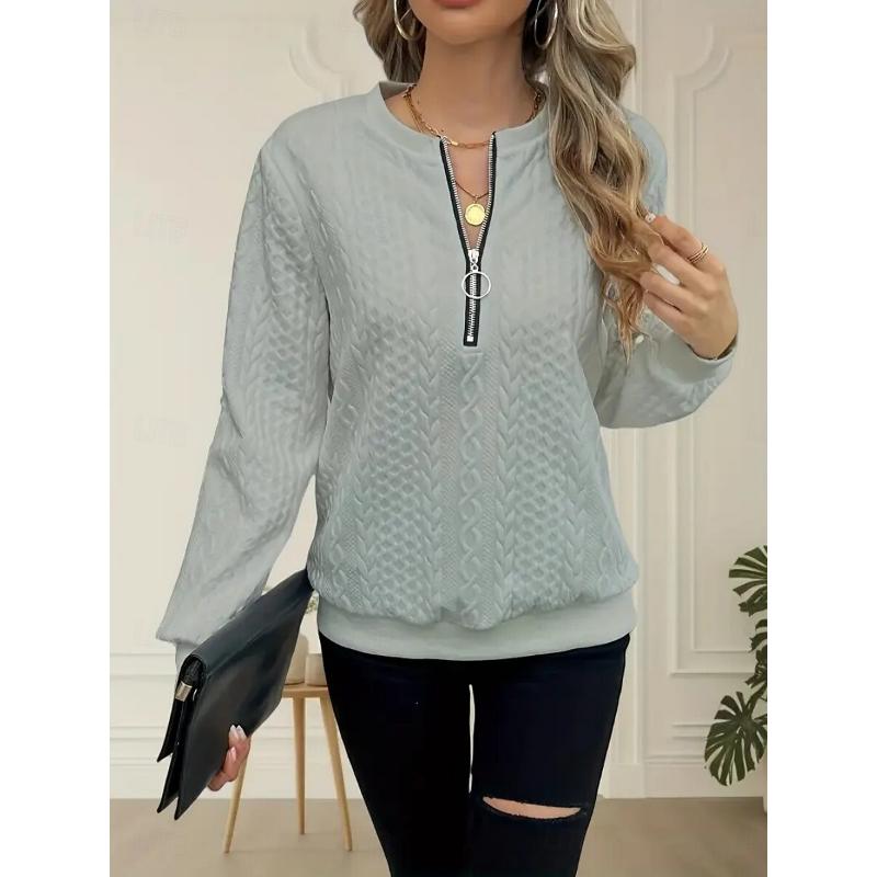 

Women s Shirt Blouse Solid Color Stylish Casual Long Sleeve Crew Neck Regular Tops Daily Zipper Black White Pink Gray Spring Fall Winter 5XL