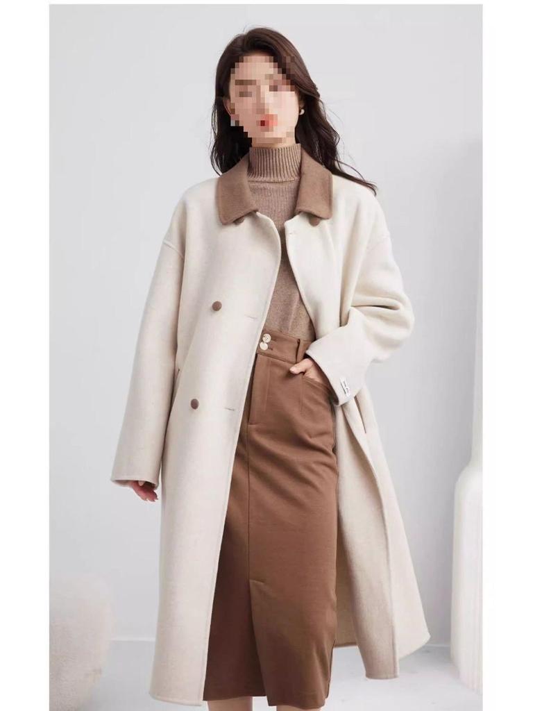 Women's Mid-Length Beige Wool Coat - Elegant French Casual Loose Fit, Petite Plus-Size, Thickened Winter Outerwear 2025.