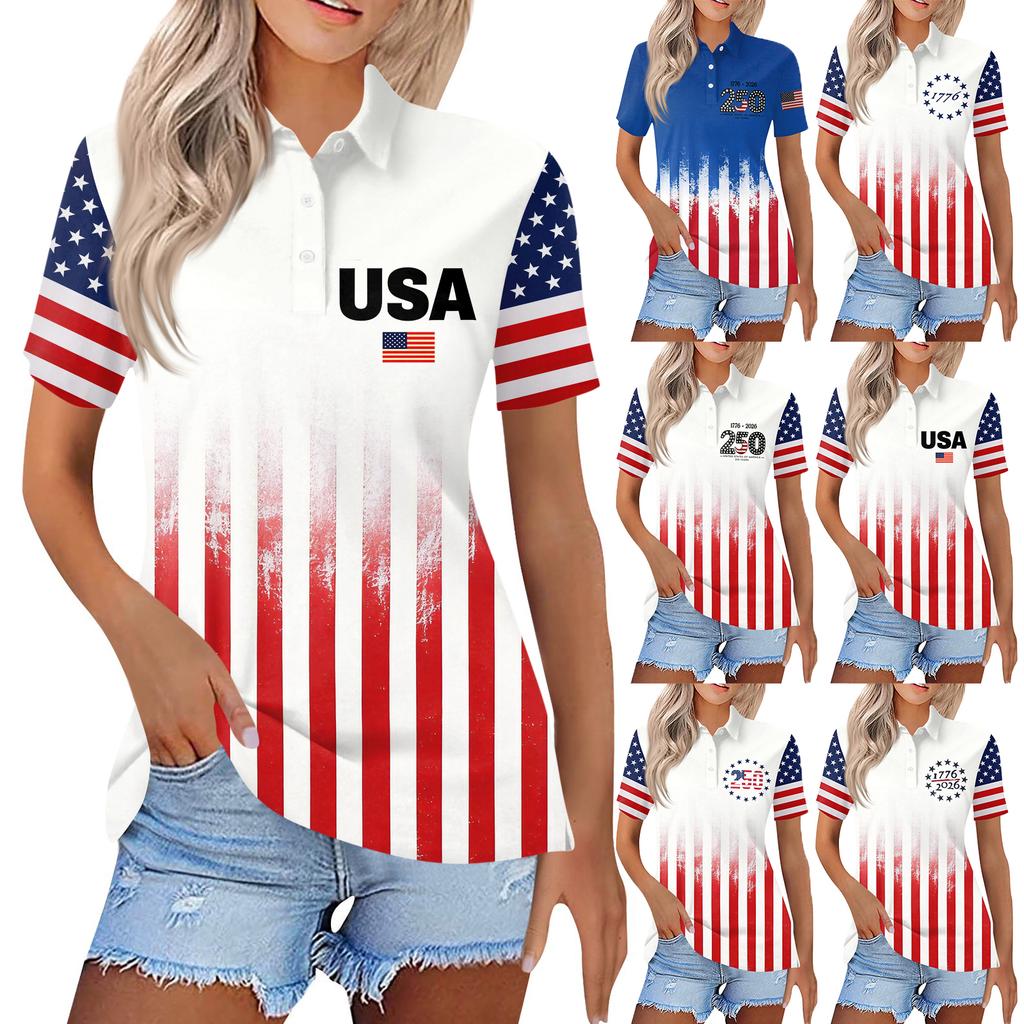Women's Casual Button Down Short Sleeve Polo Shirt 250th Anniversary Print Collared Top USA Independence Day Style