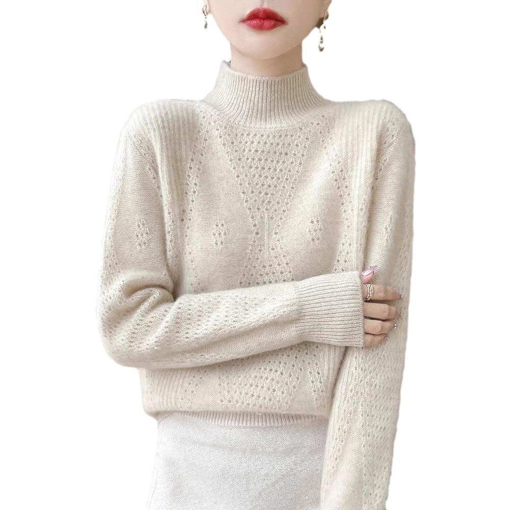 Women's Diamond Lace Wool Sweater - Autumn/Winter Solid Color Knit Top