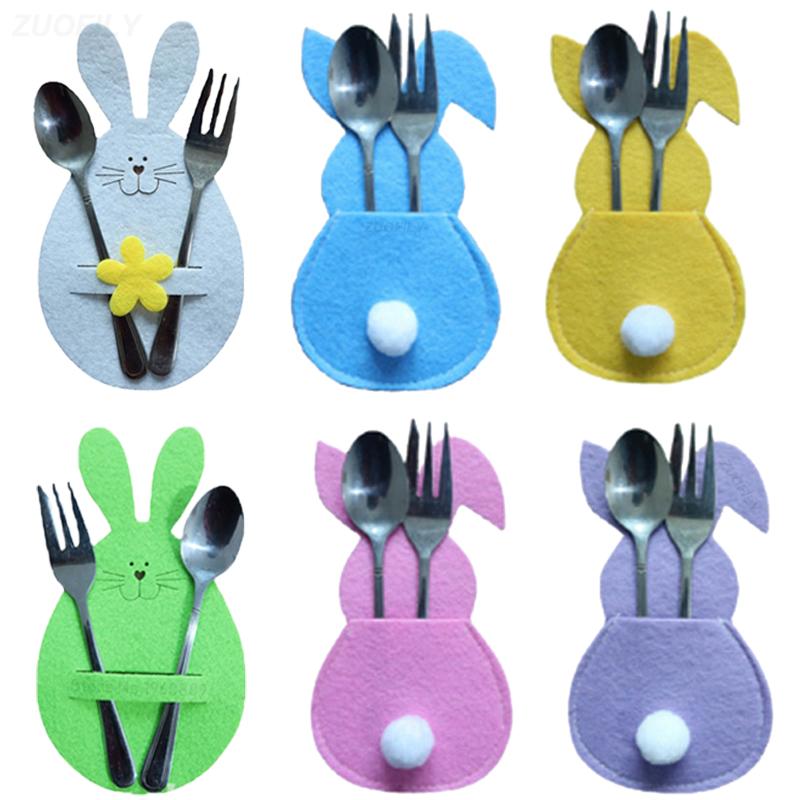 Easter Bunny Knife and Fork Holder 4Pcs/set Easter Eggs Rabbit Cutlery Bags Tableware Organizer Table Decorations Party Supplies