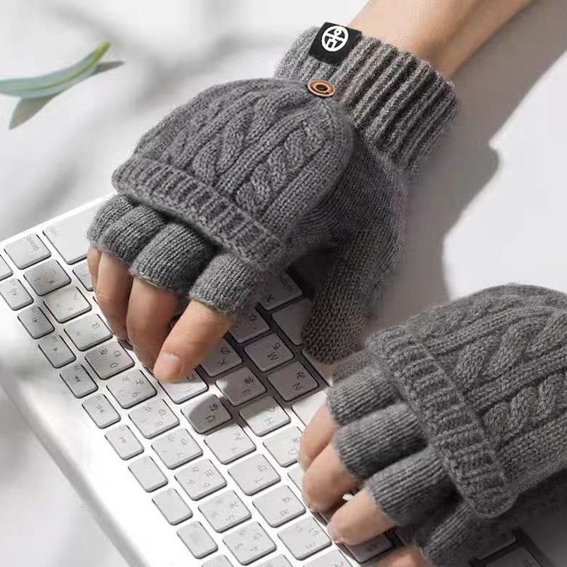 Winter Flip-top Dual-purpose Half-finger Gloves for Women, Cold-proof and Warm Student Gloves, Thickened and Velvet Bare-finger Gloves for Men