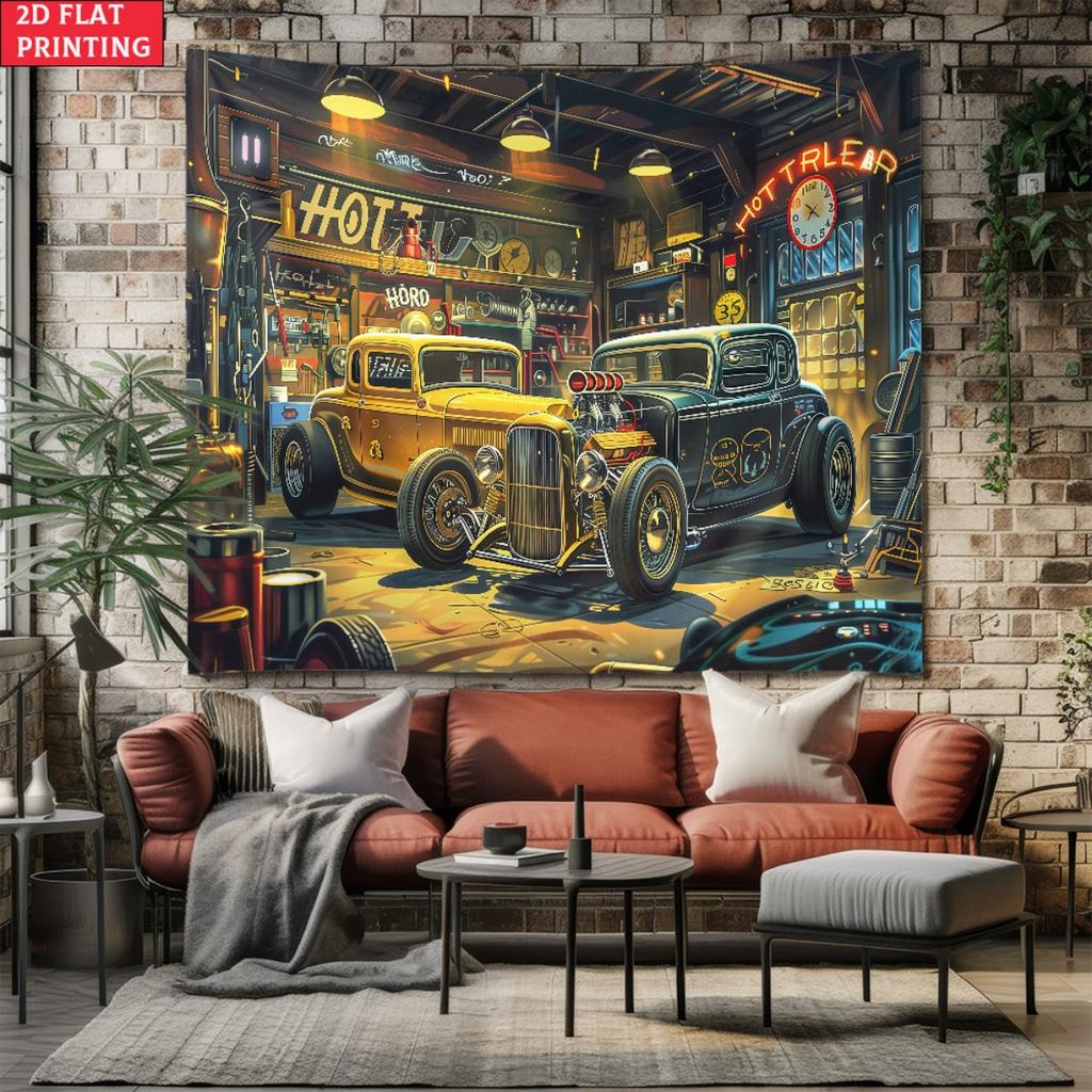Vintage Hot Rod Garage Wandteppich Klassische Modifizierte Autos in Retro-Werkstatt Wandbehang Auto Liebhaber Zimmerdekoration geeignet Büros Bars