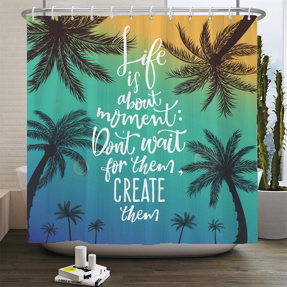 Strand Sonnenuntergang Palmen Landschaft 3D-Druck Duschvorhang Polyester Wasserdicht Heimdeko Vorhang Mit Haken Große Größe 300x180