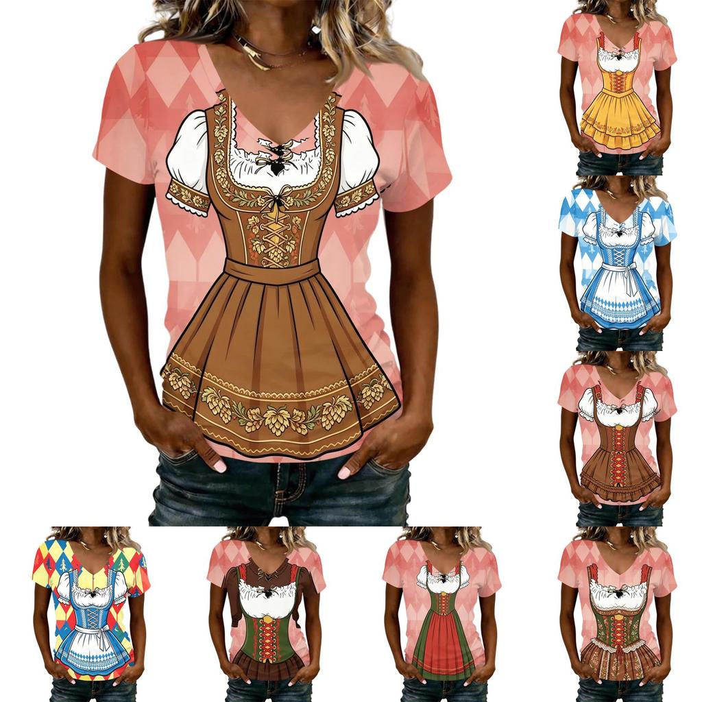 Dámské ležérní tričko s V výstřihem, krátkým rukávem, potiskem Oktoberfest, top, lehké, pohodlný střih, měkká látka