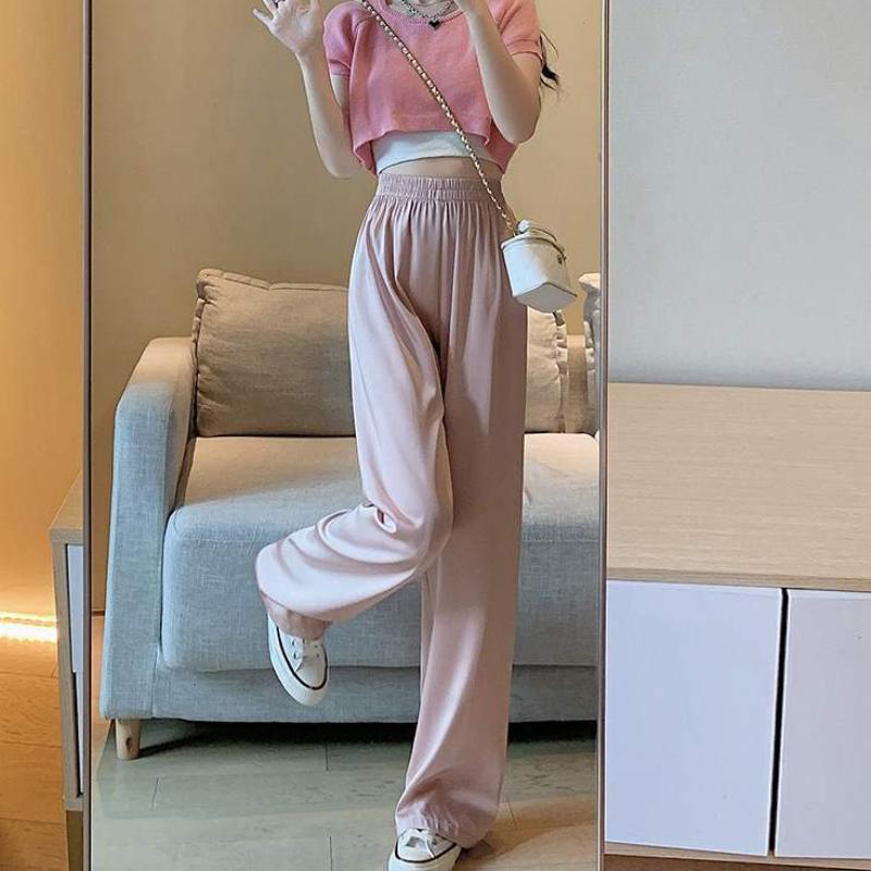 Pantaloni cu picior larg din mătase de gheață mărime plus pentru femei, de vară, subțiri, versatili, casual, cu talie înaltă, largi, răcoroși, pantaloni Ins
