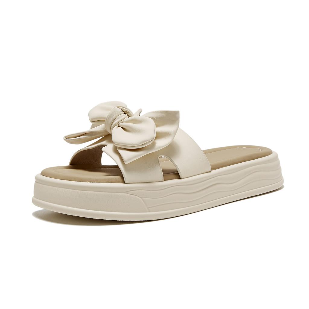 Leather slippers women's summer new fashion bow versatile thick-soled outer wear sponge cake beach cool slippers