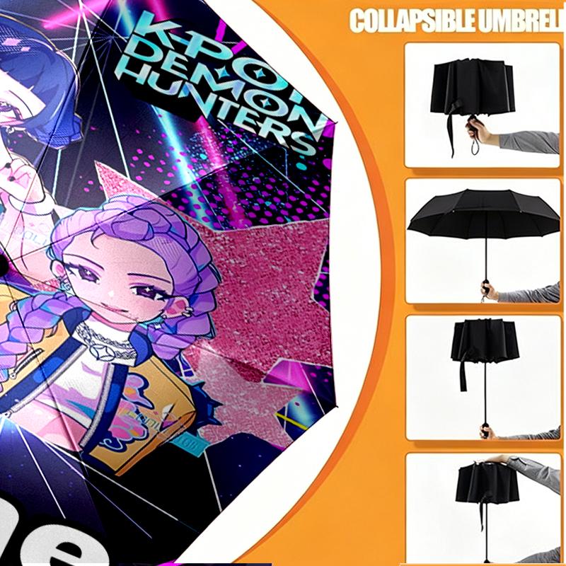 Custom Name Personalized KPop Demon Hunters Print Umbrella, Auto Open Close, 8‑Rib Sturdy Frame, Commute Camping Hiking Use, Birthday Gift