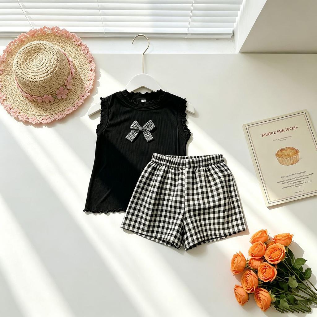 Girls Summer Sleeveless Ruffle Top And Bow Plaid Shorts 2 Piece Set Casual Outfit For Little Kids Home Or Outdoor Wear