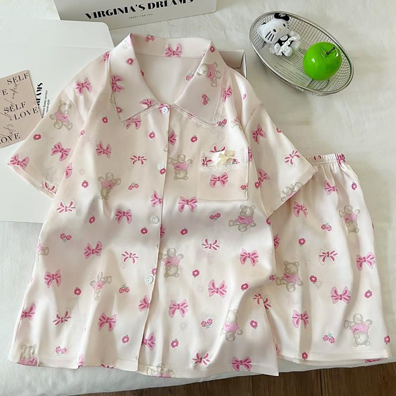 Sweet Bear Korean Style Ice Silk Pajama Set Women Cute Long Sleeve Loungewear