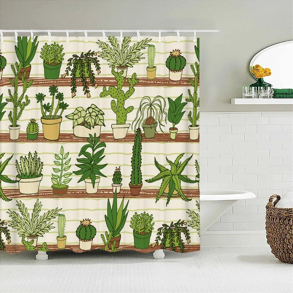 Cactus Shower Curtains Waterproof Polyester Fabric Shower Curtains Tropical Plants Bathroom Screen Curtain Home Decor 180X180Cm