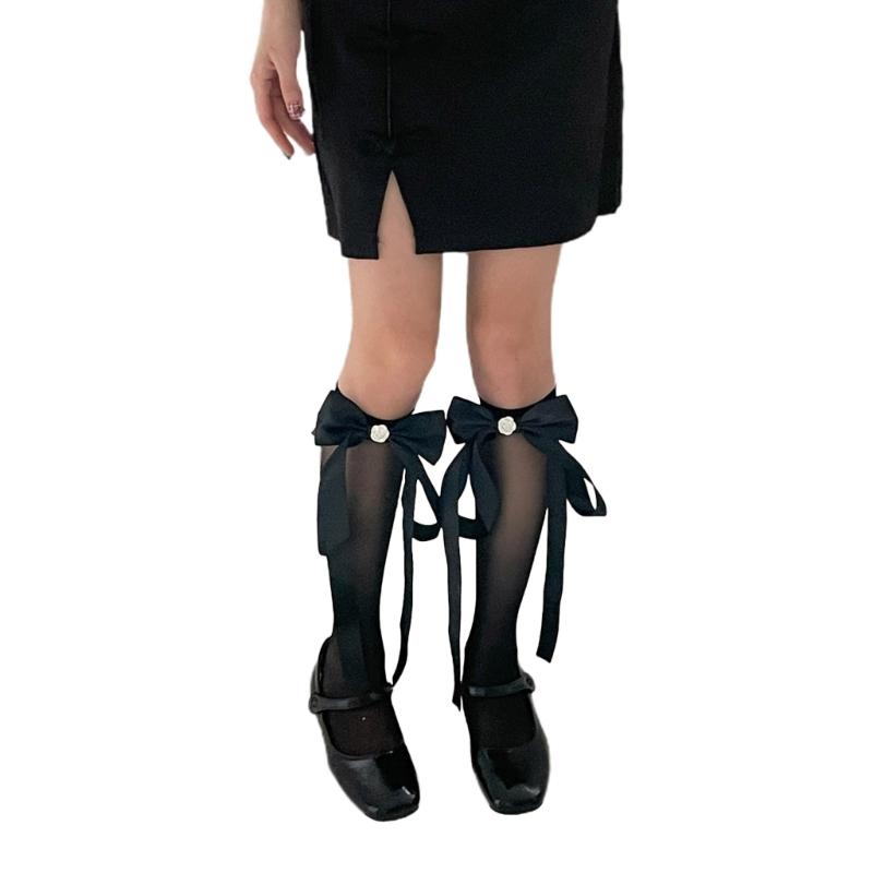 

Womens Knee Length Sock Bows Tie Stocking Lacy Bows Tie Silkys Long Mesh Ballet Style Sock for Summer Daily Wearing One Size чорний