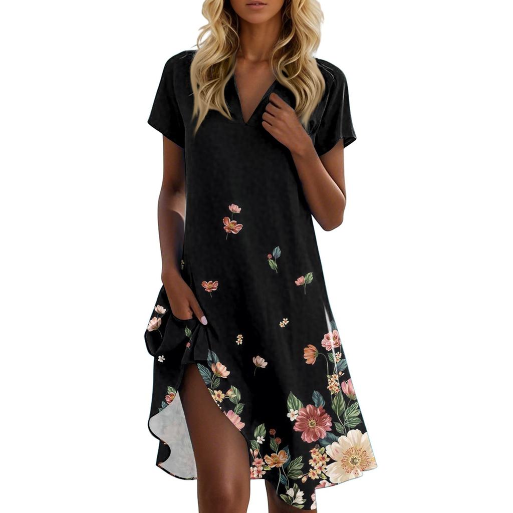 Lässiges Sommerkleid für Damen mit Blumenmuster und Stehkragen und kurzen Ärmeln