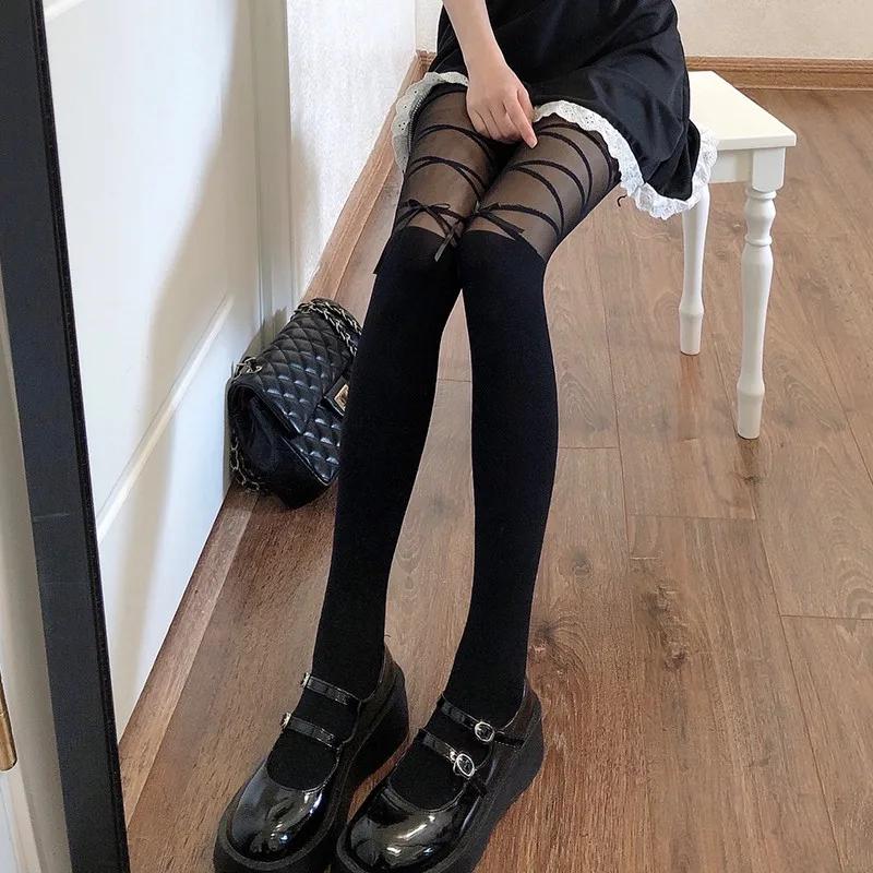 Lolita Style Girs Tights Ultra-Thin Nylon Sexy Pantyhose Sweet Girls Jk Japanese Kawaii Cute Bandage Bow Thigh High Stockings