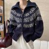 Korean Fashion Autumn Winter Zipper Cardigan Women Sweater Jacket Retro Printed Lapel Loose Knitted Coats Long Sleeve Office Fashion Elegant Clothing