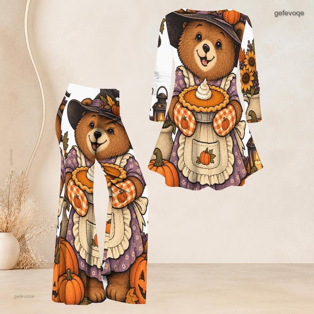 Women Plus Size Two Piece Set Round Neck Three Quarter Sleeve Bear Pumpkin Printed Flared Top And Flared Pants