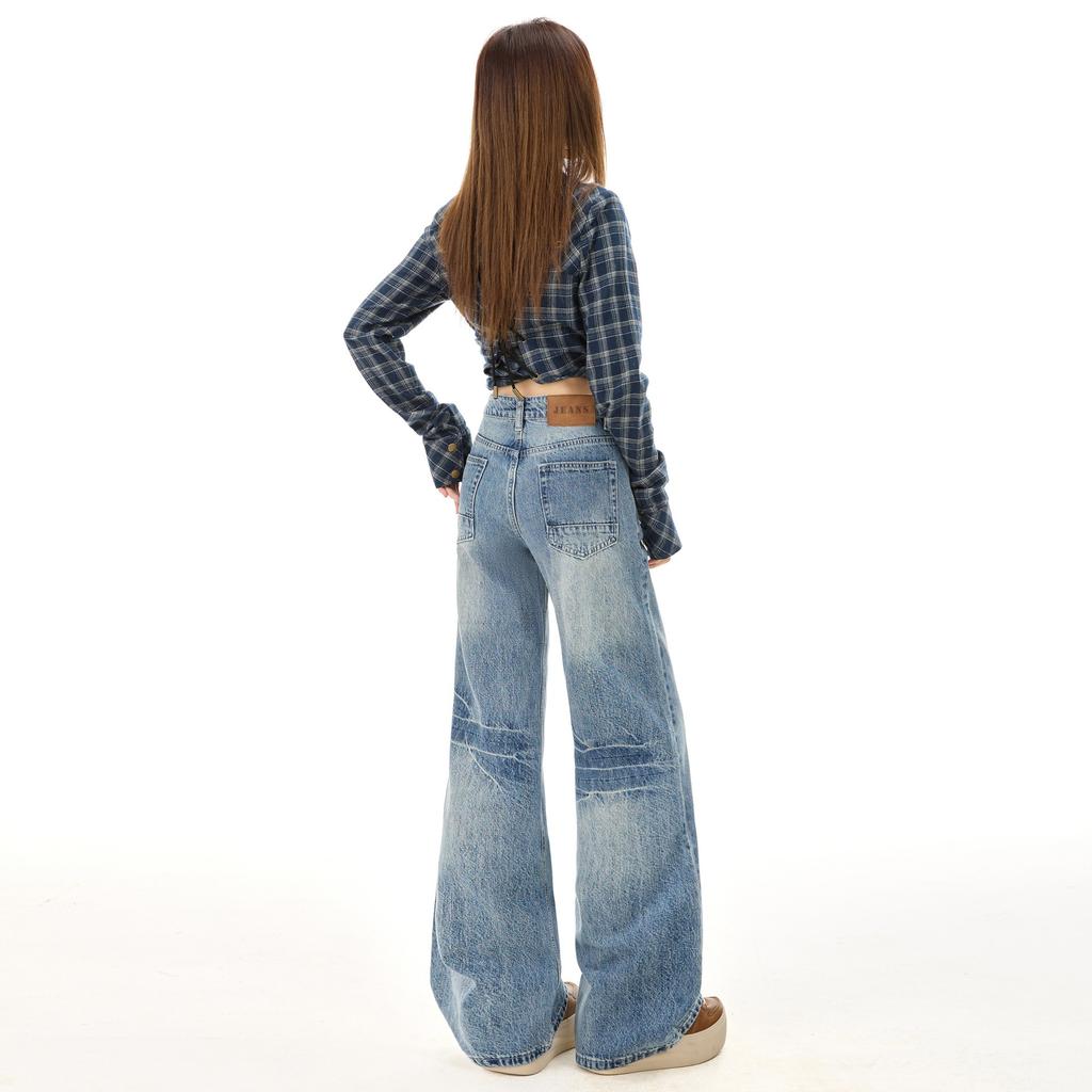 American retro Spice Girl Low Waist Slightly Straight Jeans Women's Wide Leg Drop Versatile Floor Pants Vintage Blue Trousers